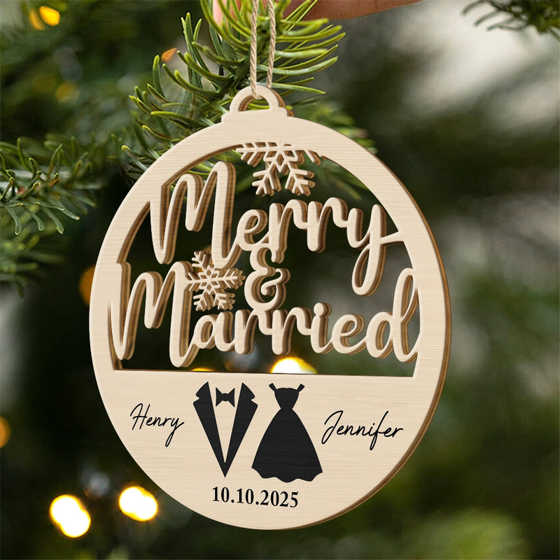 Christmas,Gift For Couples,Gift For Husband,Gift For Wife,Happy - First Christmas Couple Merry & Married - Personalized Custom Shaped Wooden Ornament