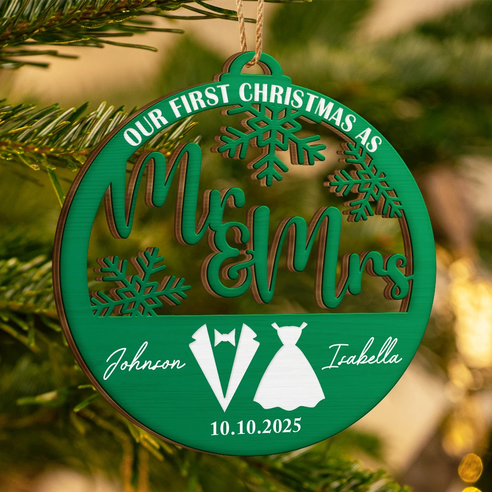 Christmas,Gift For Couples,Gift For Husband,Gift For Wife,Happy - First Christmas Couple Merry & Married - Personalized Custom Shaped Wooden Ornament
