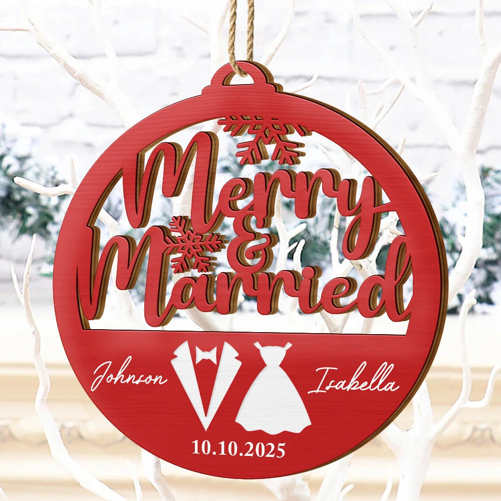Christmas,Gift For Couples,Gift For Husband,Gift For Wife,Happy - First Christmas Couple Merry & Married - Personalized Custom Shaped Wooden Ornament