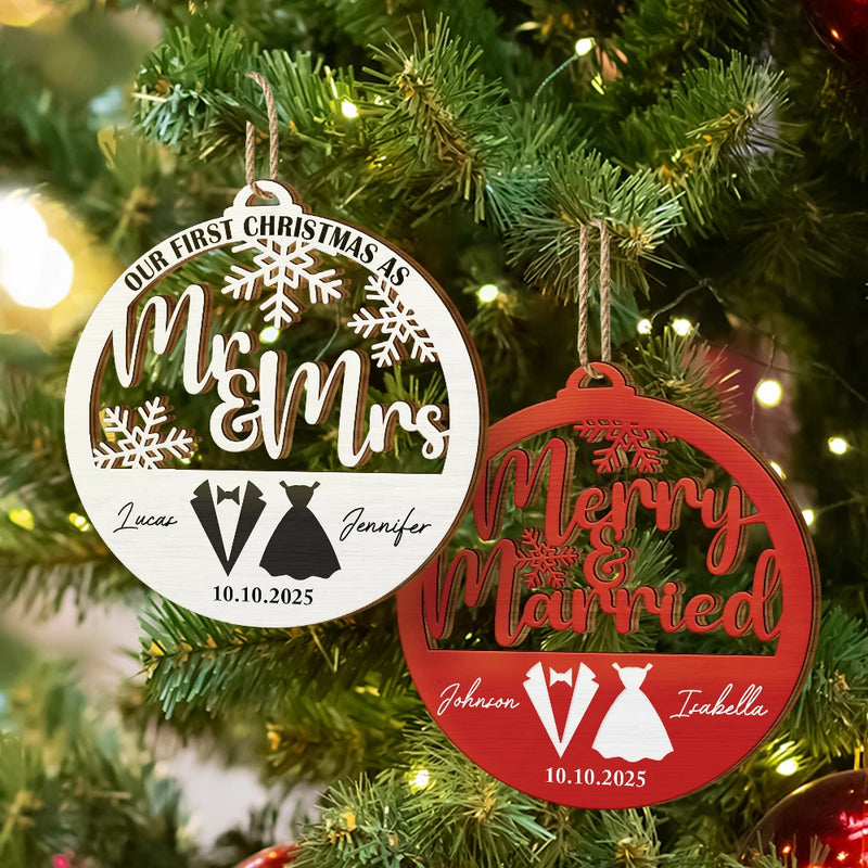 Christmas,Gift For Couples,Gift For Husband,Gift For Wife,Happy - First Christmas Couple Merry & Married - Personalized Custom Shaped Wooden Ornament
