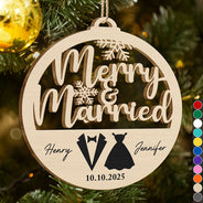 Christmas,Gift For Couples,Gift For Husband,Gift For Wife,Happy - First Christmas Couple Merry & Married - Personalized Custom Shaped Wooden Ornament