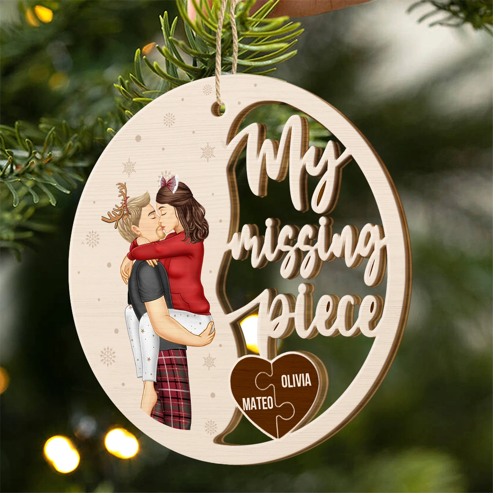 Gift For Couples,Gift For Husband,Gift For Wife,Gift For Boyfriend,Gift For Girlfriend,Christmas,Happy - Couple Side View Kissing My Missing Piece - Personalized Custom Shaped Wooden Ornament