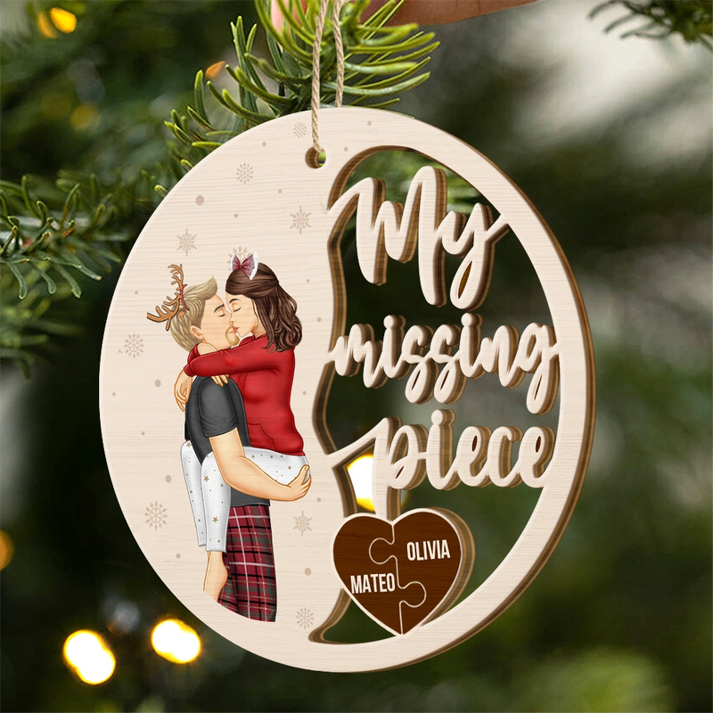Gift For Couples,Gift For Husband,Gift For Wife,Gift For Boyfriend,Gift For Girlfriend,Christmas,Happy - Couple Side View Kissing My Missing Piece - Personalized Custom Shaped Wooden Ornament