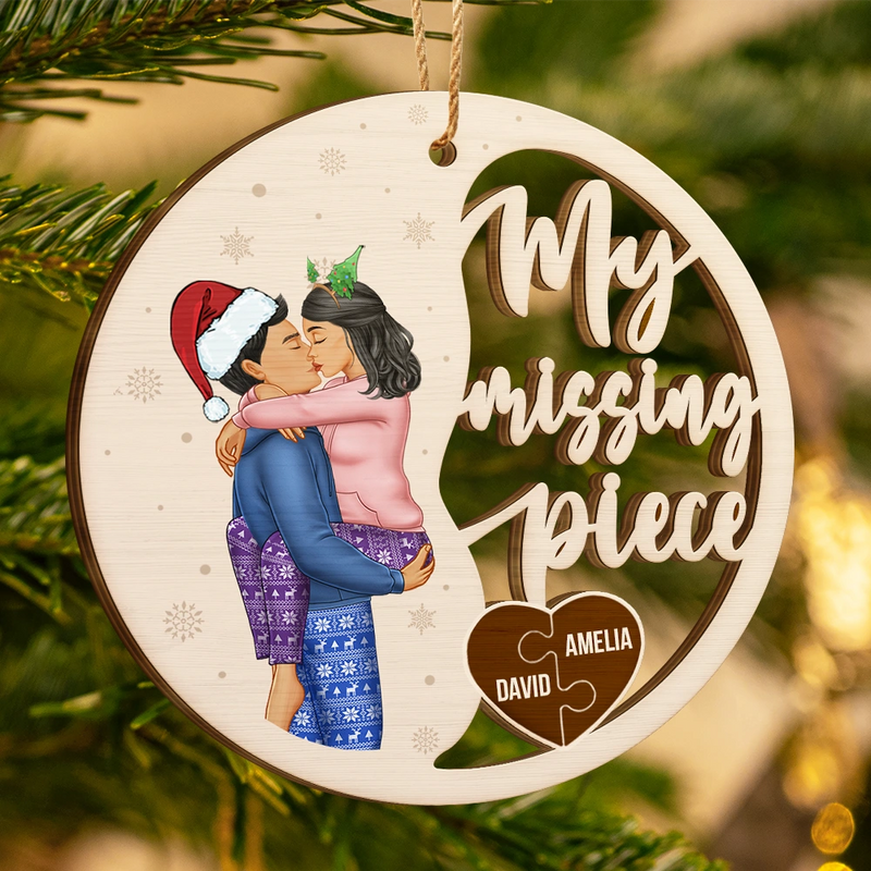 Gift For Couples,Gift For Husband,Gift For Wife,Gift For Boyfriend,Gift For Girlfriend,Christmas,Happy - Couple Side View Kissing My Missing Piece - Personalized Custom Shaped Wooden Ornament