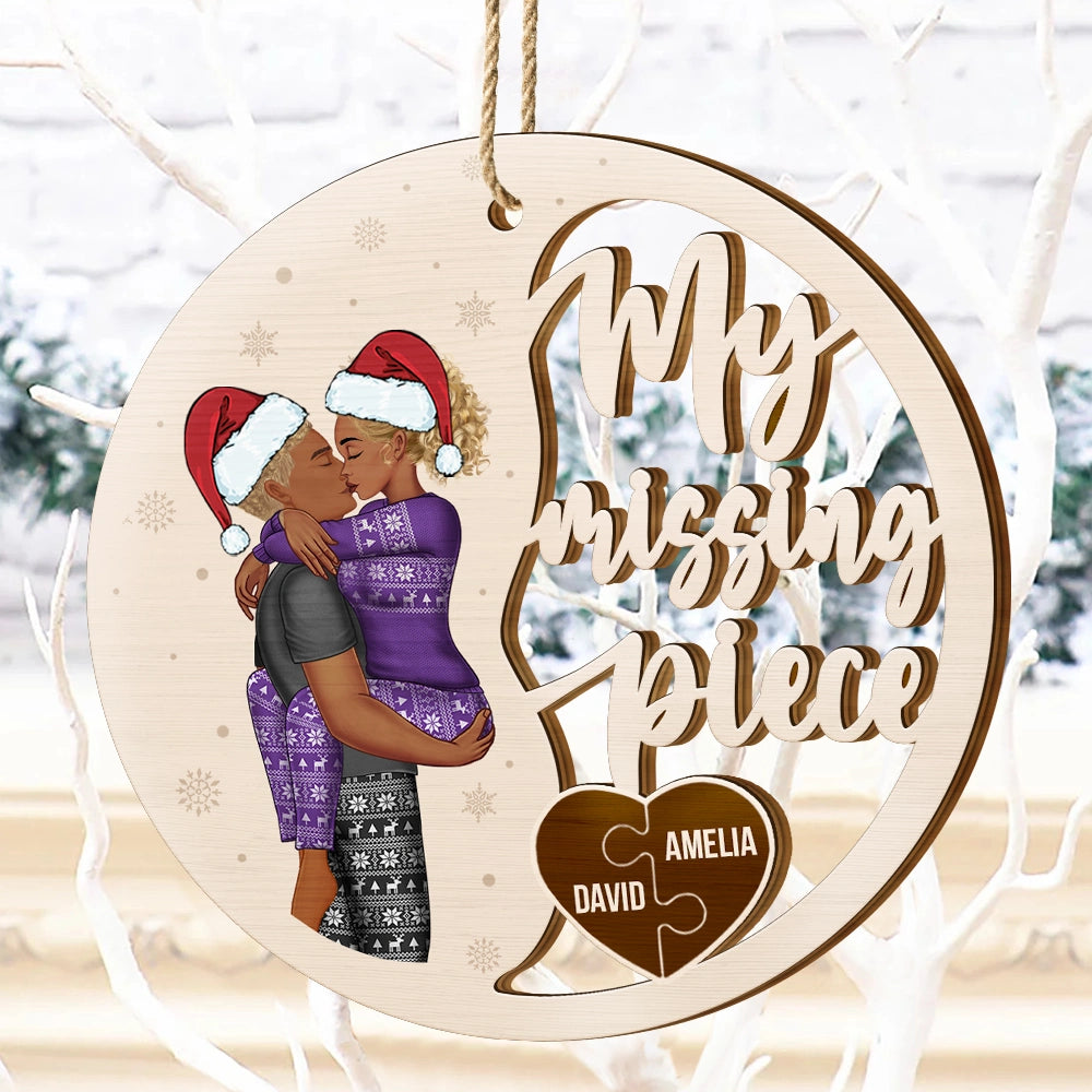 Gift For Couples,Gift For Husband,Gift For Wife,Gift For Boyfriend,Gift For Girlfriend,Christmas,Happy - Couple Side View Kissing My Missing Piece - Personalized Custom Shaped Wooden Ornament