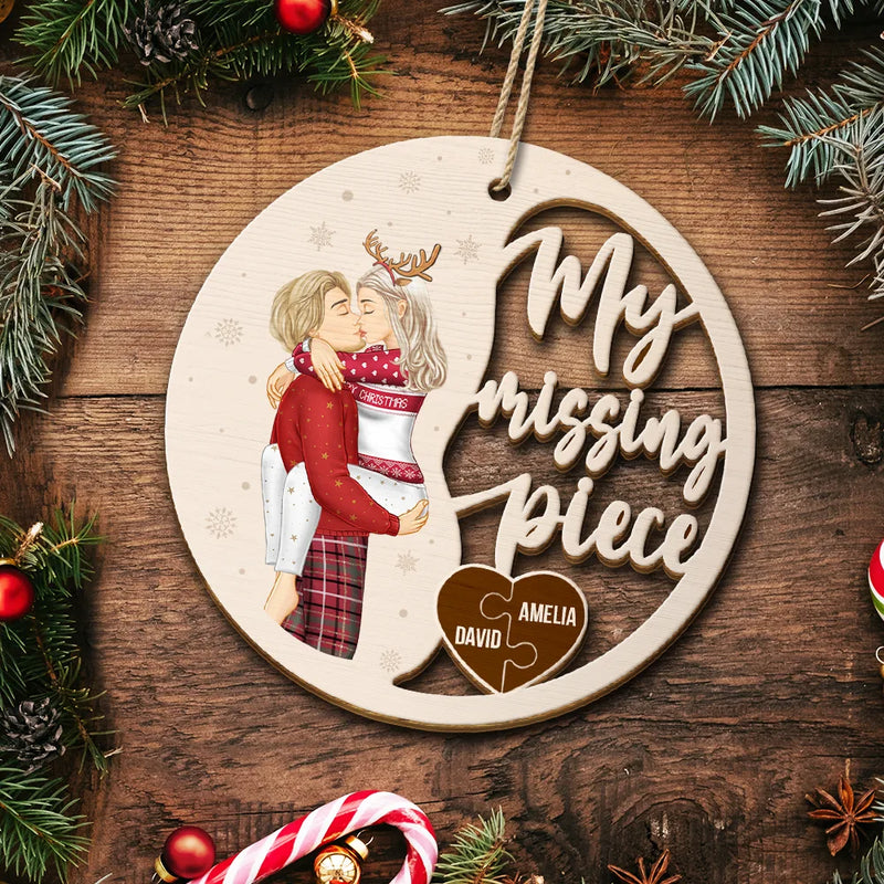 Gift For Couples,Gift For Husband,Gift For Wife,Gift For Boyfriend,Gift For Girlfriend,Christmas,Happy - Couple Side View Kissing My Missing Piece - Personalized Custom Shaped Wooden Ornament