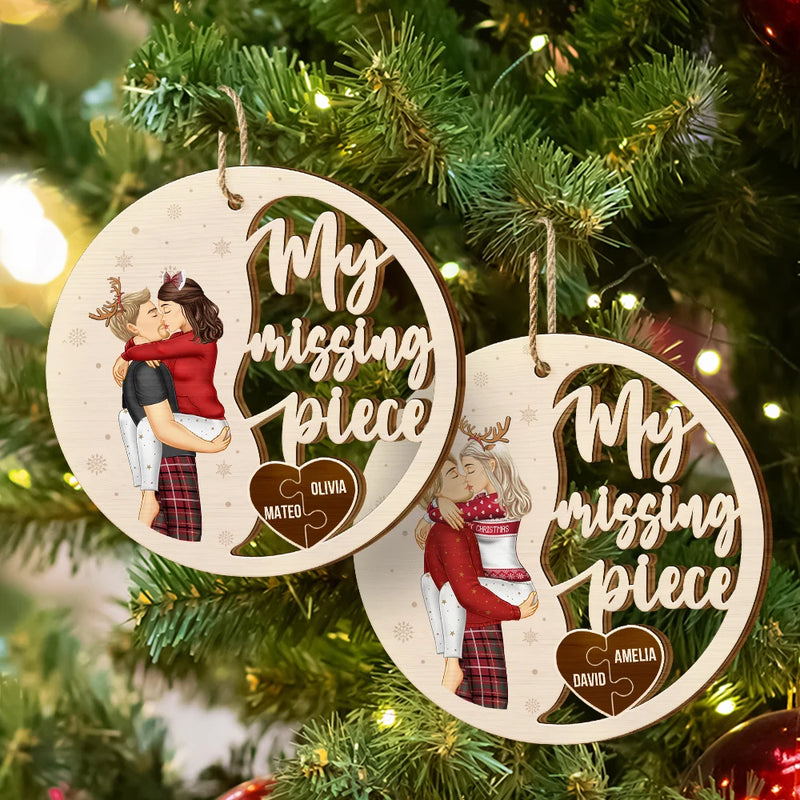 Gift For Couples,Gift For Husband,Gift For Wife,Gift For Boyfriend,Gift For Girlfriend,Christmas,Happy - Couple Side View Kissing My Missing Piece - Personalized Custom Shaped Wooden Ornament