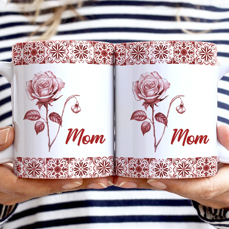 Gift For Wife,Gift For Girlfriend,Gift For Yourself,Gift For Women,Gift For Mother,Gift For Grandma,Love - Mediterranean Pattern With Birth Month Flower - Personalized White Edge-to-Edge Mug