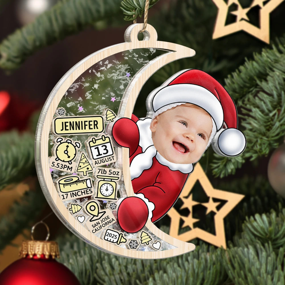 Christmas,New Dad,New baby,New Mom,Happy,Custom Photo - Custom Photo Baby Photo First Christmas Moon, Baby Information - Personalized 3-Layered Acrylic Shaker Ornament