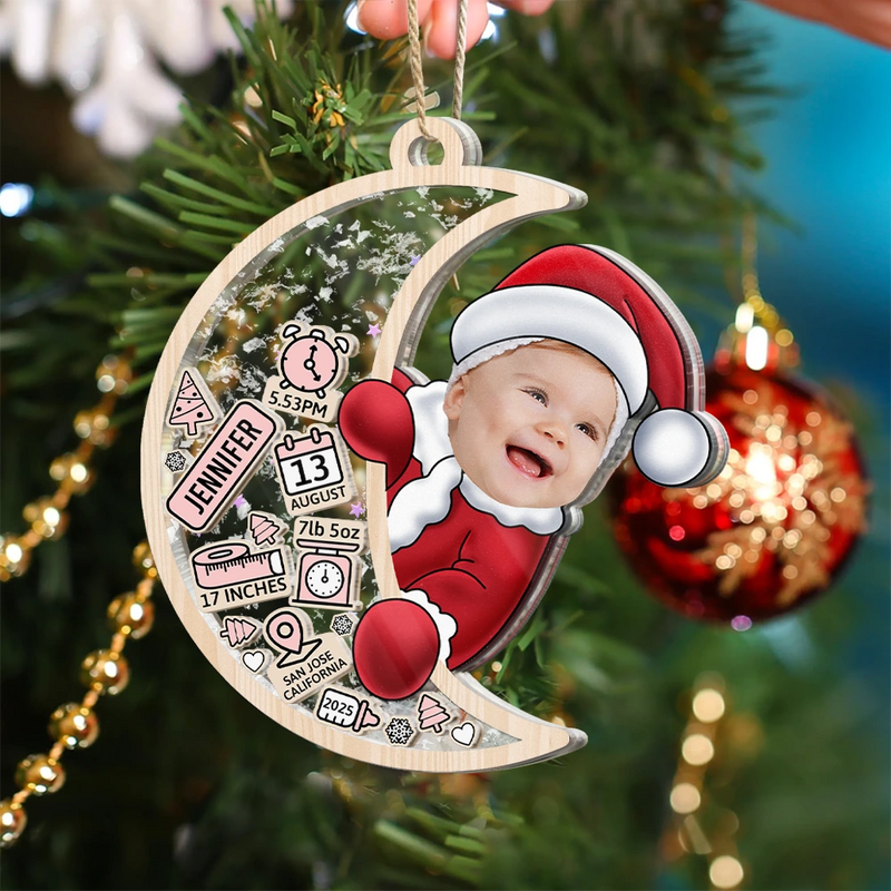 Christmas,New Dad,New baby,New Mom,Happy,Custom Photo - Custom Photo Baby Photo First Christmas Moon, Baby Information - Personalized 3-Layered Acrylic Shaker Ornament
