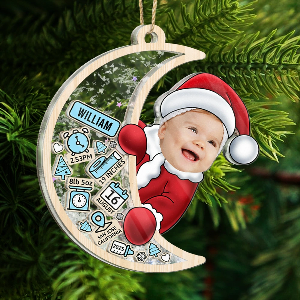 Christmas,New Dad,New baby,New Mom,Happy,Custom Photo - Custom Photo Baby Photo First Christmas Moon, Baby Information - Personalized 3-Layered Acrylic Shaker Ornament