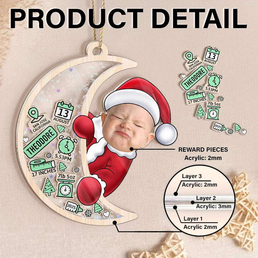 Christmas,New Dad,New baby,New Mom,Happy,Custom Photo - Custom Photo Baby Photo First Christmas Moon, Baby Information - Personalized 3-Layered Acrylic Shaker Ornament