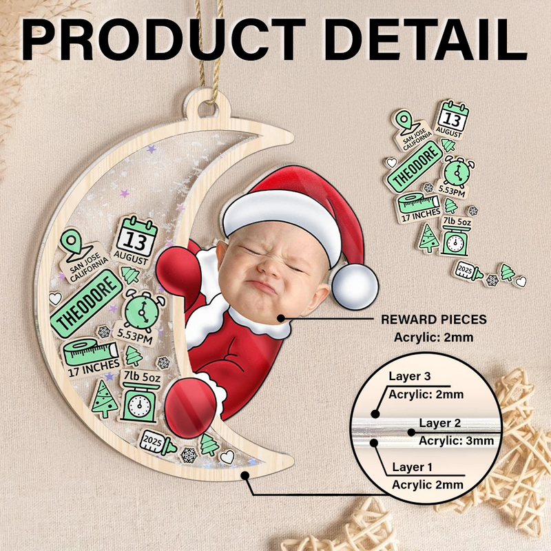 Christmas,New Dad,New baby,New Mom,Happy,Custom Photo - Custom Photo Baby Photo First Christmas Moon, Baby Information - Personalized 3-Layered Acrylic Shaker Ornament