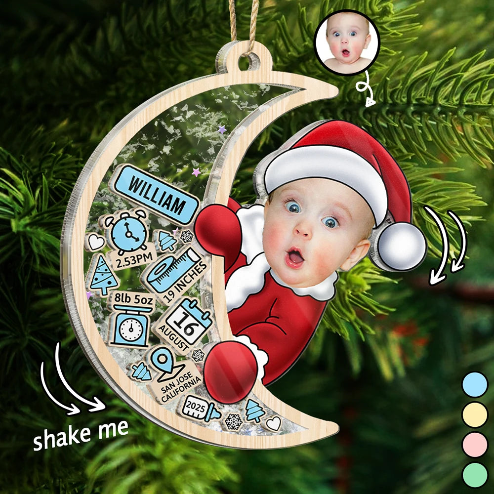 Custom Photo Baby Photo First Christmas Moon, Baby Information - Personalized 3-Layered Acrylic Shaker Ornament