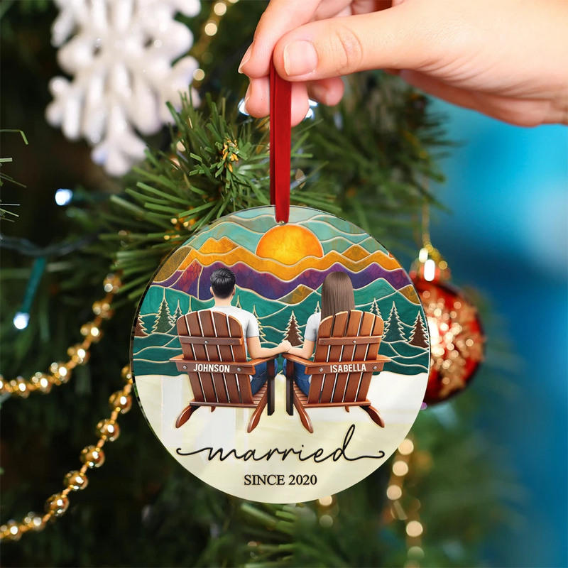 Gift For Couples,Gift For Husband,Gift For Wife,Gift For Boyfriend,Gift For Girlfriend,Married ,Engaged,Love,Christmas - Mountain Landscape Couple Sitting Together Married Engaged - Personalized Custom Shaped Mirror Ornament