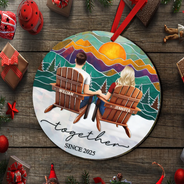 Gift For Couples,Gift For Husband,Gift For Wife,Gift For Boyfriend,Gift For Girlfriend,Married ,Engaged,Love,Christmas - Mountain Landscape Couple Sitting Together Married Engaged - Personalized Custom Shaped Mirror Ornament