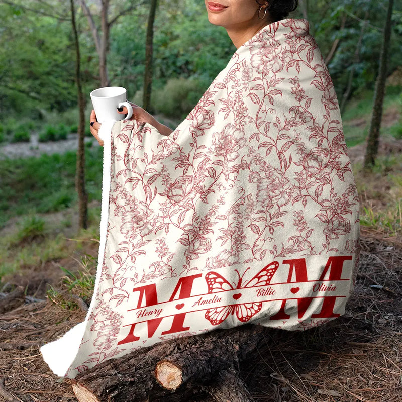 Gift For Mother,Gift For Grandma,Happy - Grandma Mom Toile De Jouy Pattern - Personalized Fleece Blanket, Sherpa Blanket