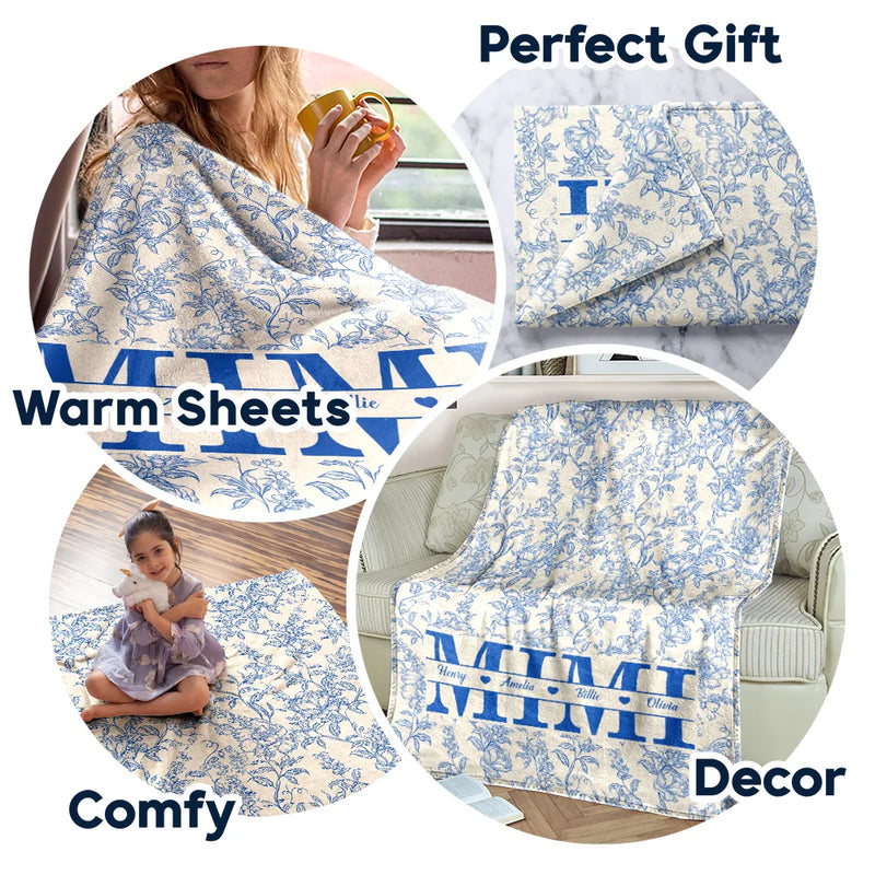 Gift For Mother,Gift For Grandma,Happy - Grandma Mom Toile De Jouy Pattern - Personalized Fleece Blanket, Sherpa Blanket