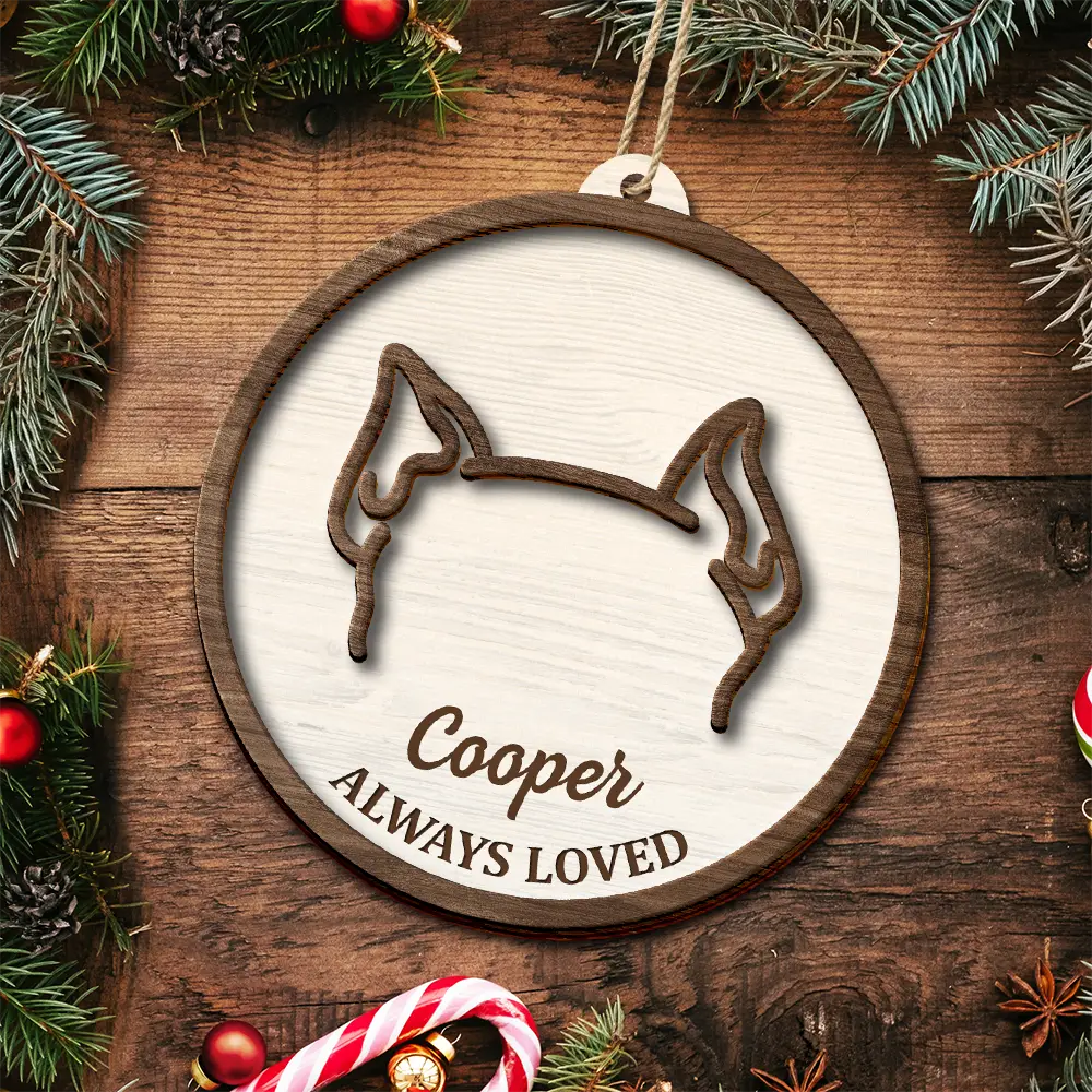 Memorial,Dog Lovers,Dog Mom,Dog Dad,Sad - Dog Ear Pet Loss Memorial Never Forgotten - Personalized 2-Layered Wooden Ornament