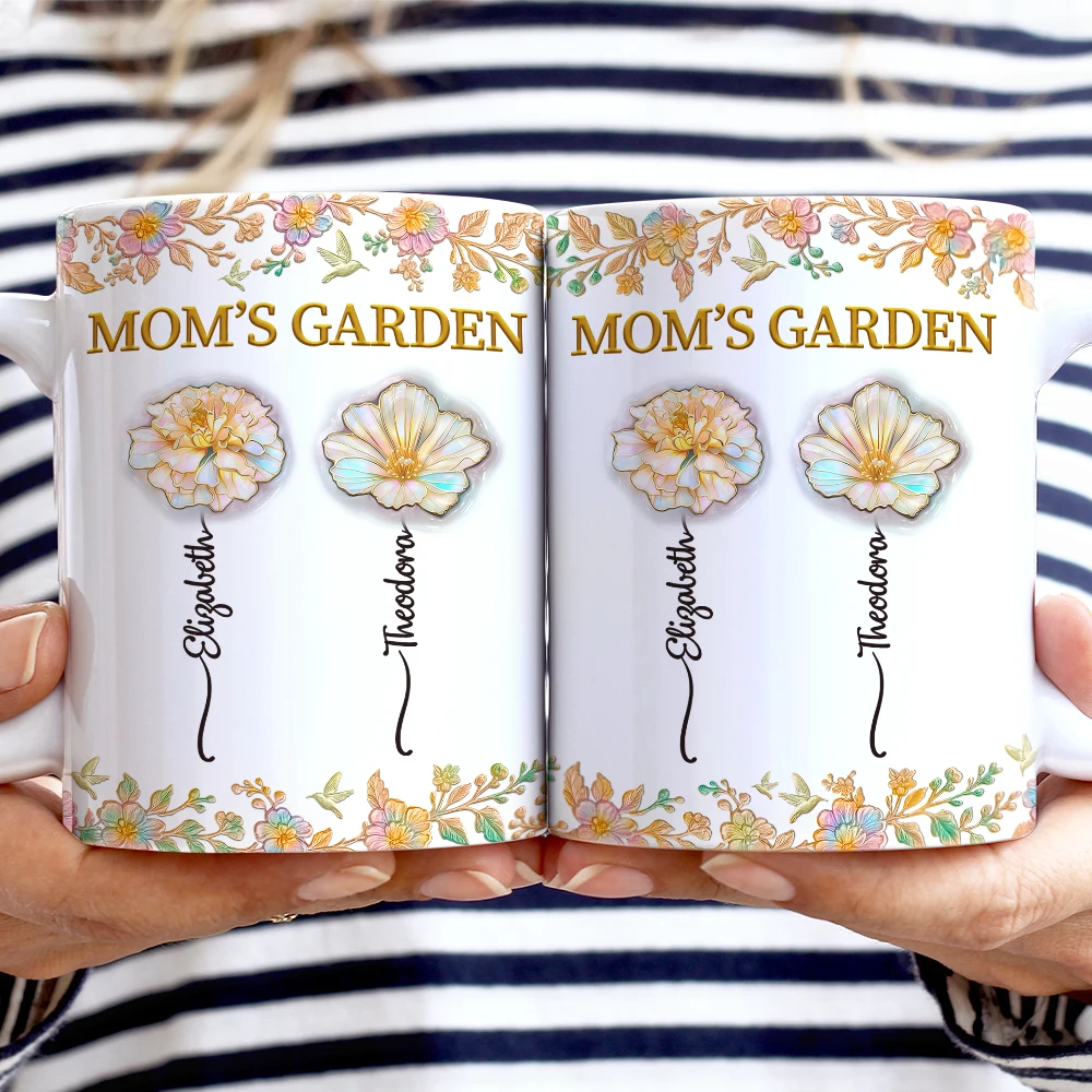 Gift For Grandma,Gift For Wife,Gift For Women,Gift For Mother,Happy - Grandma's Garden Nacre Effect Birth Flower - Personalized White Edge-to-Edge Mug