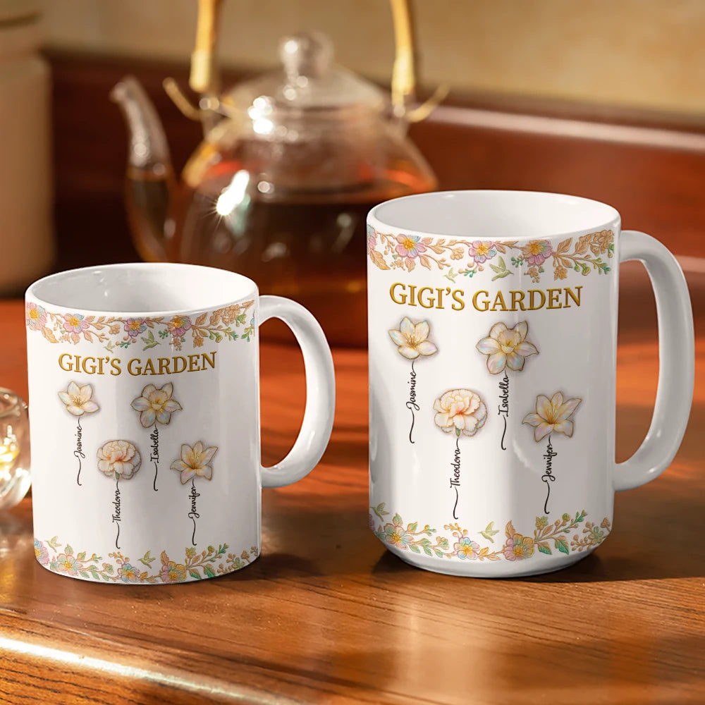 Gift For Grandma,Gift For Wife,Gift For Women,Gift For Mother,Happy - Grandma's Garden Nacre Effect Birth Flower - Personalized White Edge-to-Edge Mug