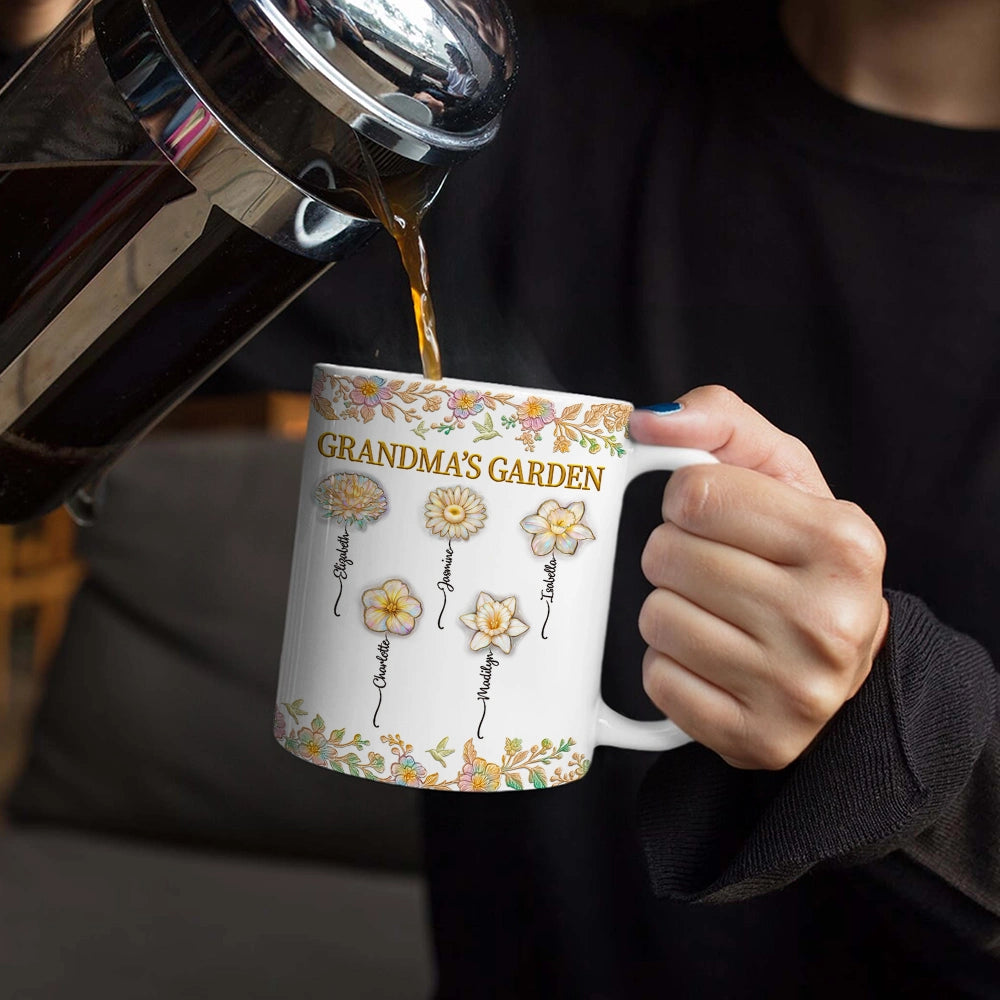 Gift For Grandma,Gift For Wife,Gift For Women,Gift For Mother,Happy - Grandma's Garden Nacre Effect Birth Flower - Personalized White Edge-to-Edge Mug