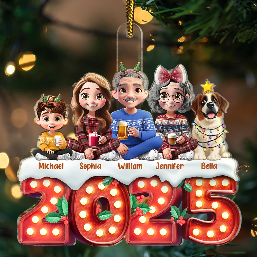 Christmas,Family,Pet Lovers,Happy - Christmas Family Dogs & Cats Sitting Marquee Effect - Personalized Custom Shaped Acrylic Ornament