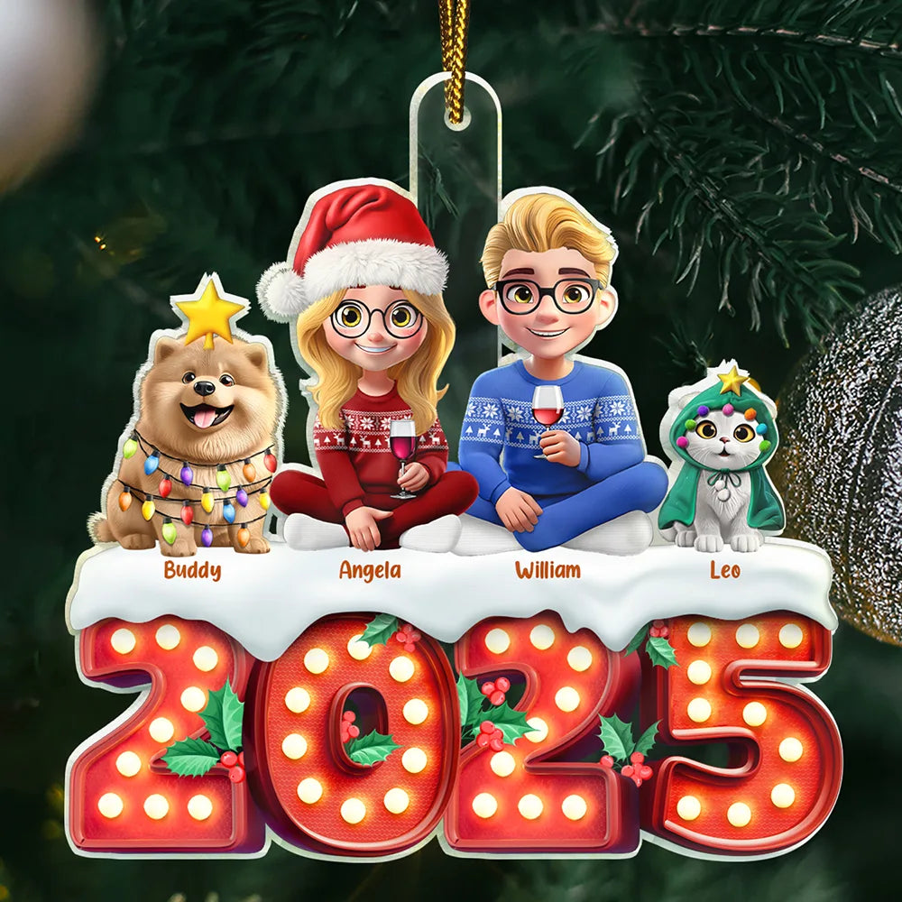Christmas,Family,Pet Lovers,Happy - Christmas Family Dogs & Cats Sitting Marquee Effect - Personalized Custom Shaped Acrylic Ornament
