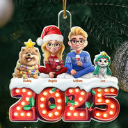 Christmas,Family,Pet Lovers,Happy - Christmas Family Dogs & Cats Sitting Marquee Effect - Personalized Custom Shaped Acrylic Ornament