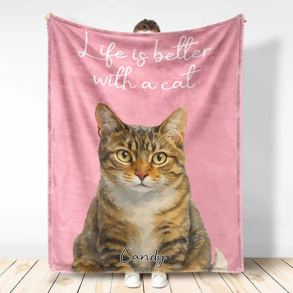 Custom Photo,Pet Lovers,Pet Mom,Pet Dad,Happy - Custom Photo Realistic Watercolor Life Is Better With Dog - Personalized Fleece Blanket, Sherpa Blanket