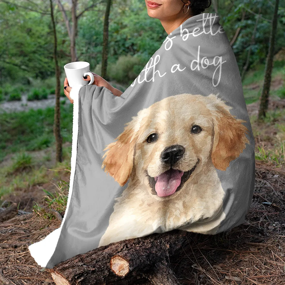 Custom Photo,Pet Lovers,Pet Mom,Pet Dad,Happy - Custom Photo Realistic Watercolor Life Is Better With Dog - Personalized Fleece Blanket, Sherpa Blanket
