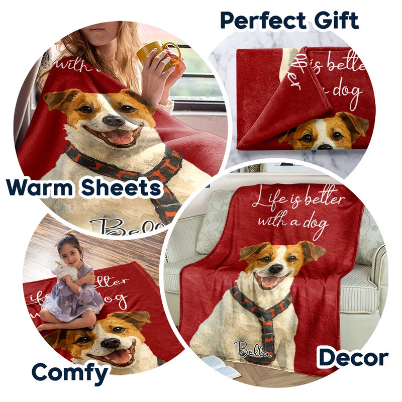 Custom Photo,Pet Lovers,Pet Mom,Pet Dad,Happy - Custom Photo Realistic Watercolor Life Is Better With Dog - Personalized Fleece Blanket, Sherpa Blanket