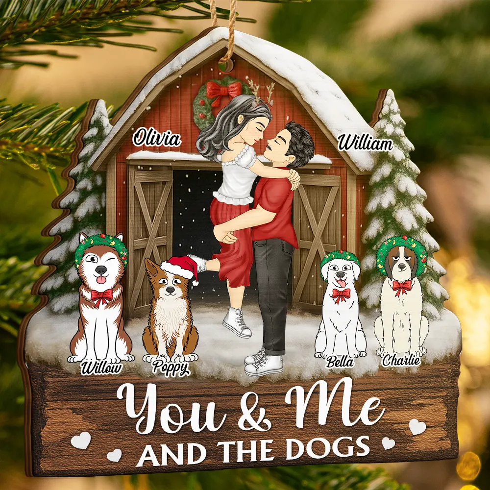 Dog Couple,Dog Lovers,Dog Mom,Dog Dad,Happy - You And Me And The Dogs Pet Couple Red Barn - Personalized Custom Shaped Wooden Ornament