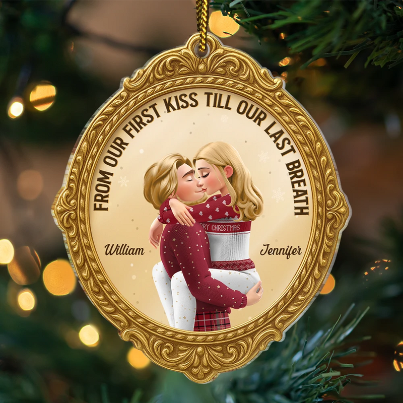 Christmas,Gift For Couples,Gift For Husband,Gift For Wife,Gift For Boyfriend,Gift For Girlfriend,Happy - From Our First Kiss Till Our Last Breath Golden Frame 3D Effect - Personalized Custom Shaped Acrylic Ornament