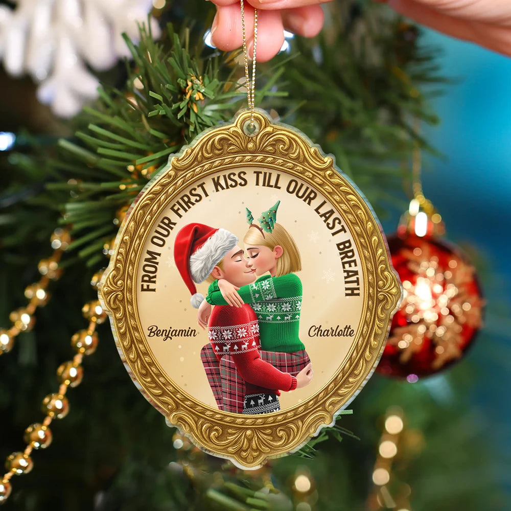 Christmas,Gift For Couples,Gift For Husband,Gift For Wife,Gift For Boyfriend,Gift For Girlfriend,Happy - From Our First Kiss Till Our Last Breath Golden Frame 3D Effect - Personalized Custom Shaped Acrylic Ornament