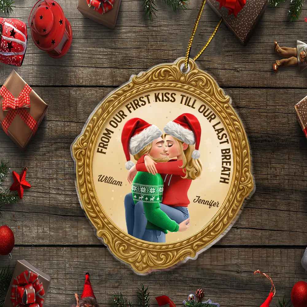 Christmas,Gift For Couples,Gift For Husband,Gift For Wife,Gift For Boyfriend,Gift For Girlfriend,Happy - From Our First Kiss Till Our Last Breath Golden Frame 3D Effect - Personalized Custom Shaped Acrylic Ornament