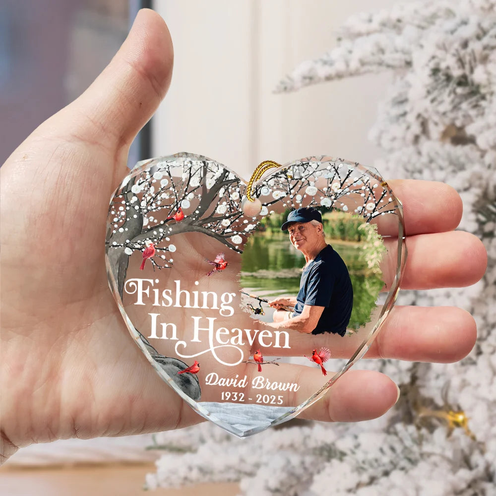 Memorial,Fishing,Parents,Gift For Grandparents,Family,Sad - Custom Photo Fishing In Heaven Memorial - Personalized Heart Shaped Glass Ornament