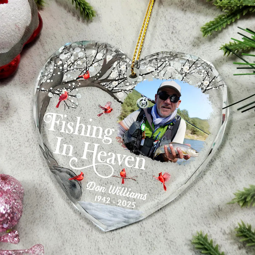 Memorial,Fishing,Parents,Gift For Grandparents,Family,Sad - Custom Photo Fishing In Heaven Memorial - Personalized Heart Shaped Glass Ornament