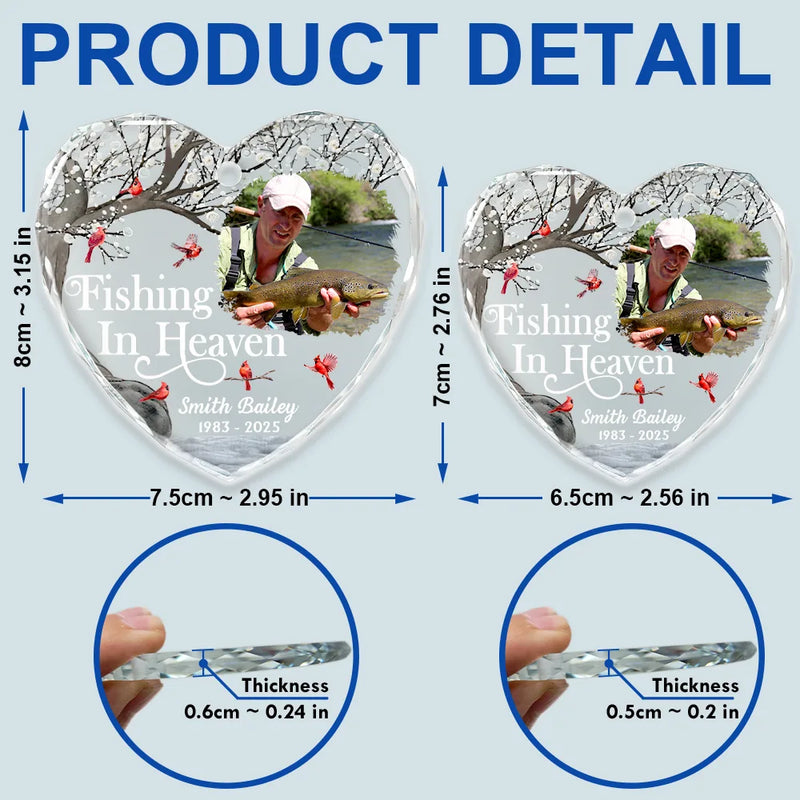 Memorial,Fishing,Parents,Gift For Grandparents,Family,Sad - Custom Photo Fishing In Heaven Memorial - Personalized Heart Shaped Glass Ornament