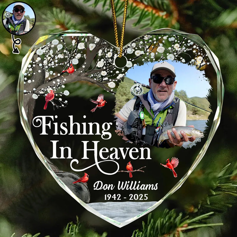 Memorial,Fishing,Parents,Gift For Grandparents,Family,Sad - Custom Photo Fishing In Heaven Memorial - Personalized Heart Shaped Glass Ornament
