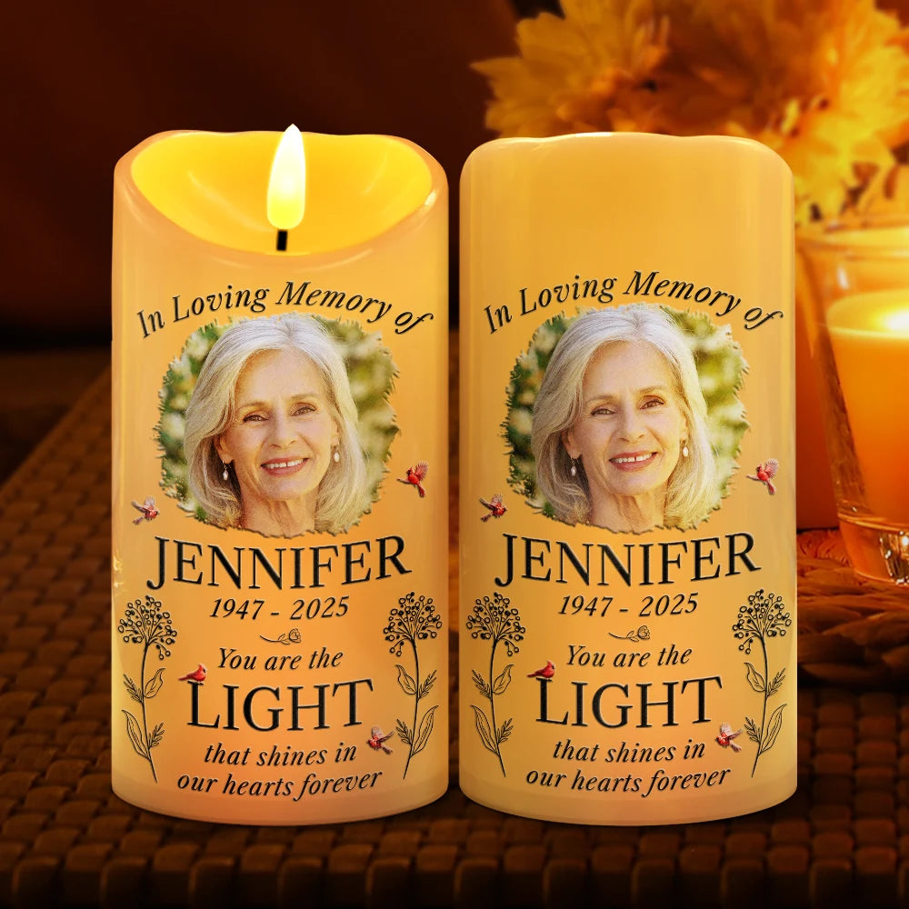 Sad,Memorial,Gift For Grandparents,Gift For Sibling,Family,Parents,Pet Lovers - Custom Photo You Are The Light That Shines Our Heart Forever Memorial - Personalized Flameless LED Candle