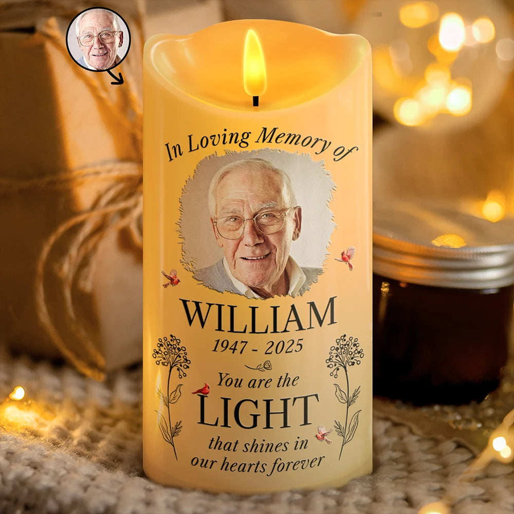 Sad,Memorial,Gift For Grandparents,Gift For Sibling,Family,Parents,Pet Lovers - Custom Photo You Are The Light That Shines Our Heart Forever Memorial - Personalized Flameless LED Candle