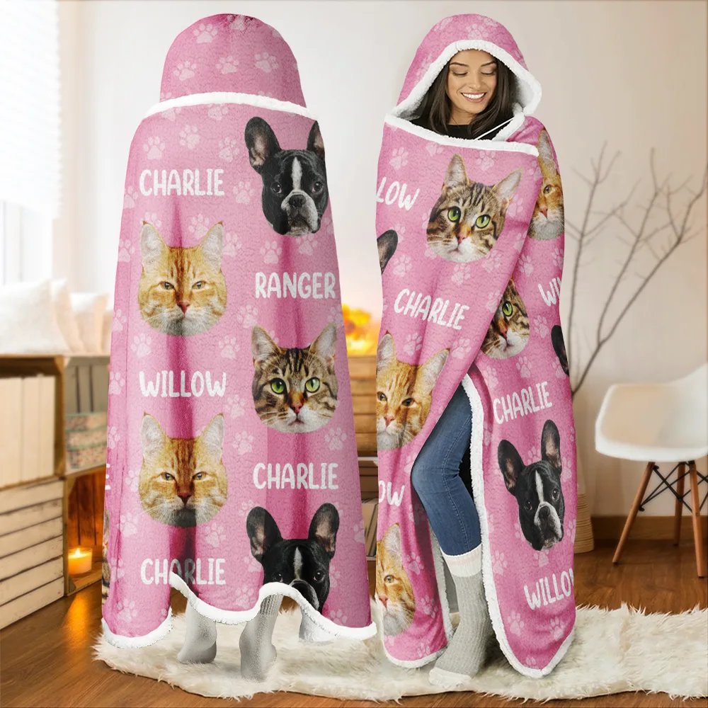 Cat Lovers,Pet Lovers,Dog Lovers,Dog Mom,Dog Dad,Cat Mom,Cat Dad,Happy - Custom Photo Funny Pet Face Pattern Dog Cat Family - Personalized Wearable Hooded Blanket