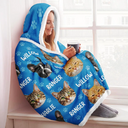 Cat Lovers,Pet Lovers,Dog Lovers,Dog Mom,Dog Dad,Cat Mom,Cat Dad,Happy - Custom Photo Funny Pet Face Pattern Dog Cat Family - Personalized Wearable Hooded Blanket