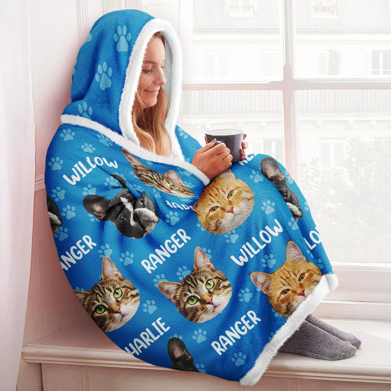 Cat Lovers,Pet Lovers,Dog Lovers,Dog Mom,Dog Dad,Cat Mom,Cat Dad,Happy - Custom Photo Funny Pet Face Pattern Dog Cat Family - Personalized Wearable Hooded Blanket