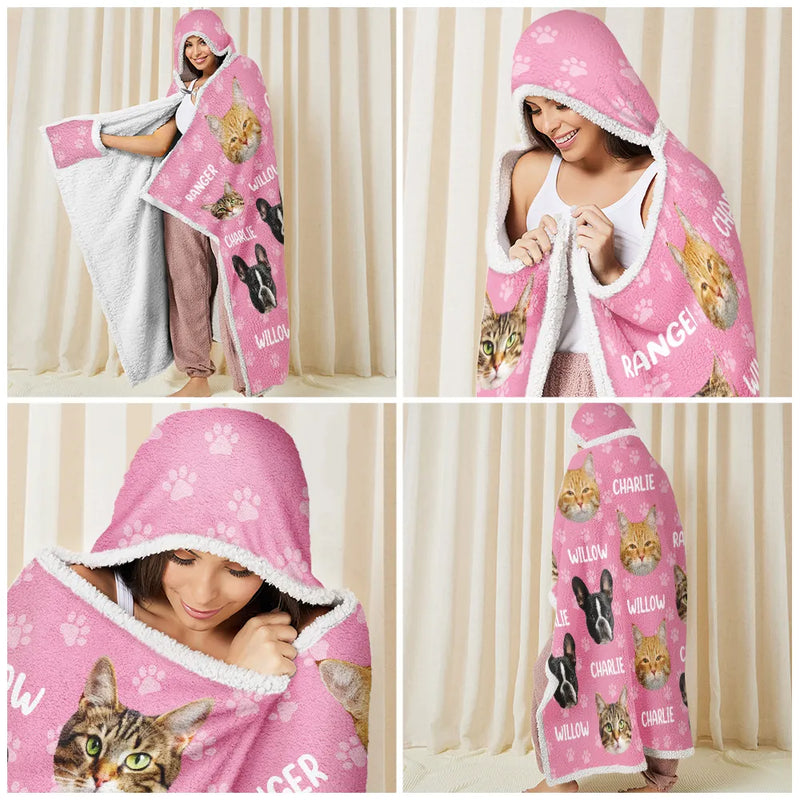 Cat Lovers,Pet Lovers,Dog Lovers,Dog Mom,Dog Dad,Cat Mom,Cat Dad,Happy - Custom Photo Funny Pet Face Pattern Dog Cat Family - Personalized Wearable Hooded Blanket