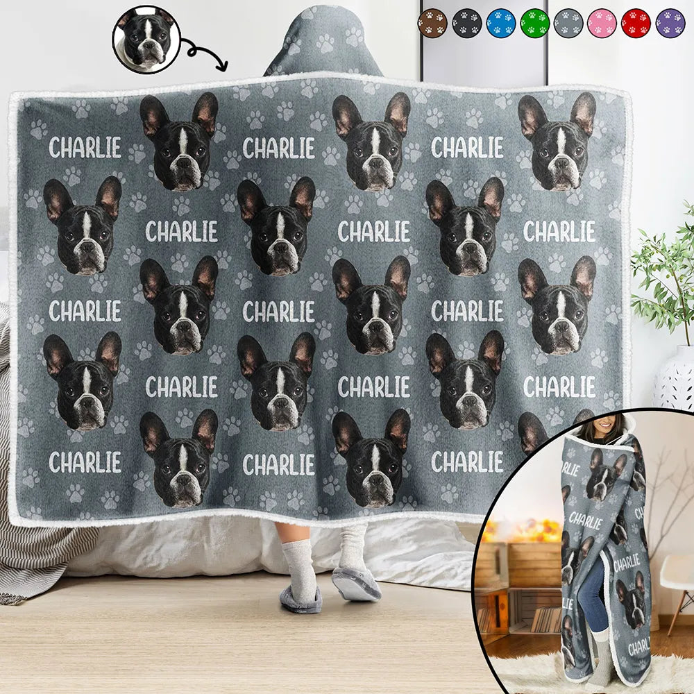 Custom Photo Funny Pet Face Pattern Dog Cat Family - Personalized Wearable Hooded Blanket