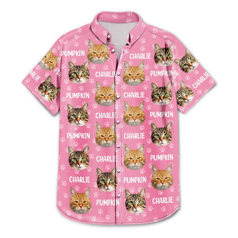 Cat Lovers,Pet Lovers,Dog Lovers,Dog Mom,Dog Dad,Cat Mom,Cat Dad,Happy - Custom Photo Funny Pet Face Pattern Dog Cat Family - Personalized Hawaiian Shirt