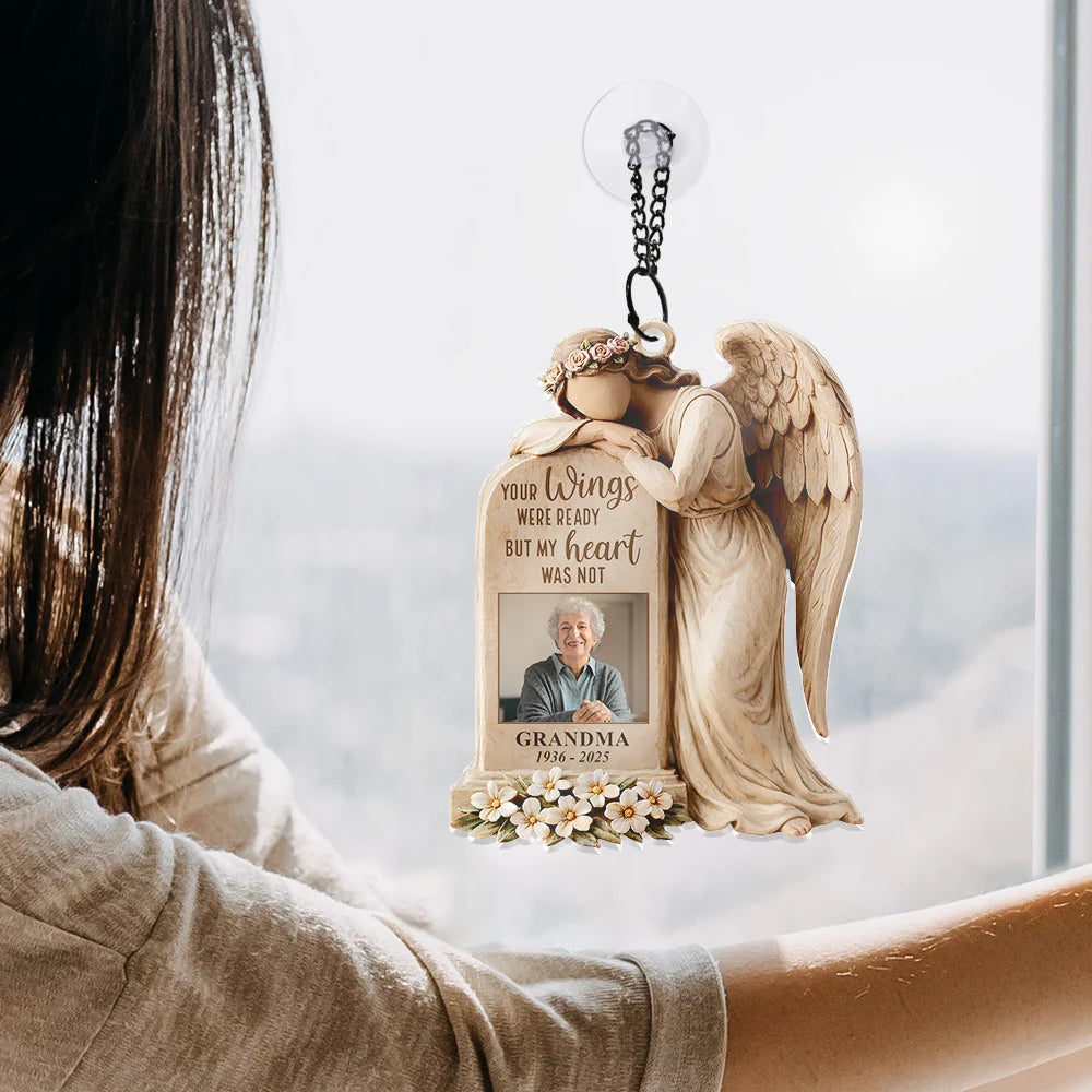 Memorial,Family,Parents,Gift For Grandparents,Sad - Custom Photo Your Wings Were Ready But My Heart Was Not - Personalized Window Hanging Suncatcher Ornament