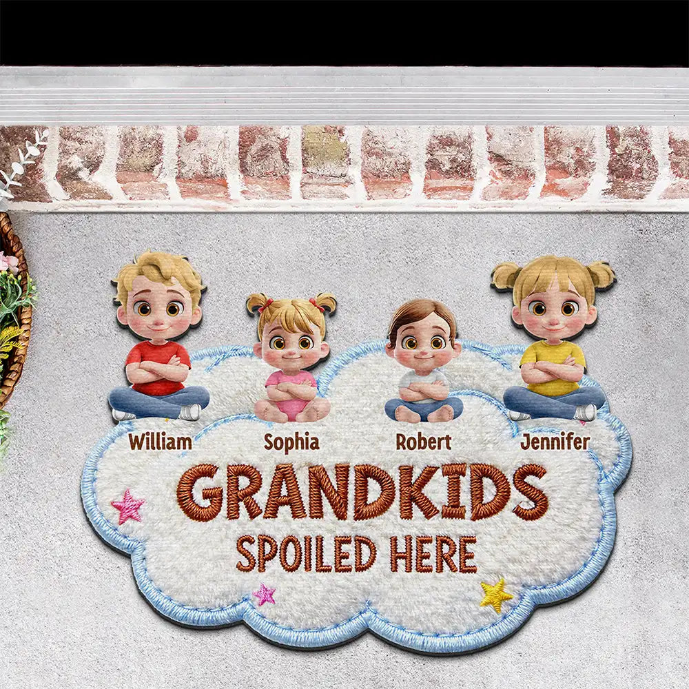 Gift For Grandma,Gift For Grandpa,Grandpa - Grandkids,Grandma - Grandkids,Gift For Women,Gift For Men,Happy,Top Market - Faux Embroidery Effect Spoiled Grandkids Live Here - Personalized Custom Shaped Doormat